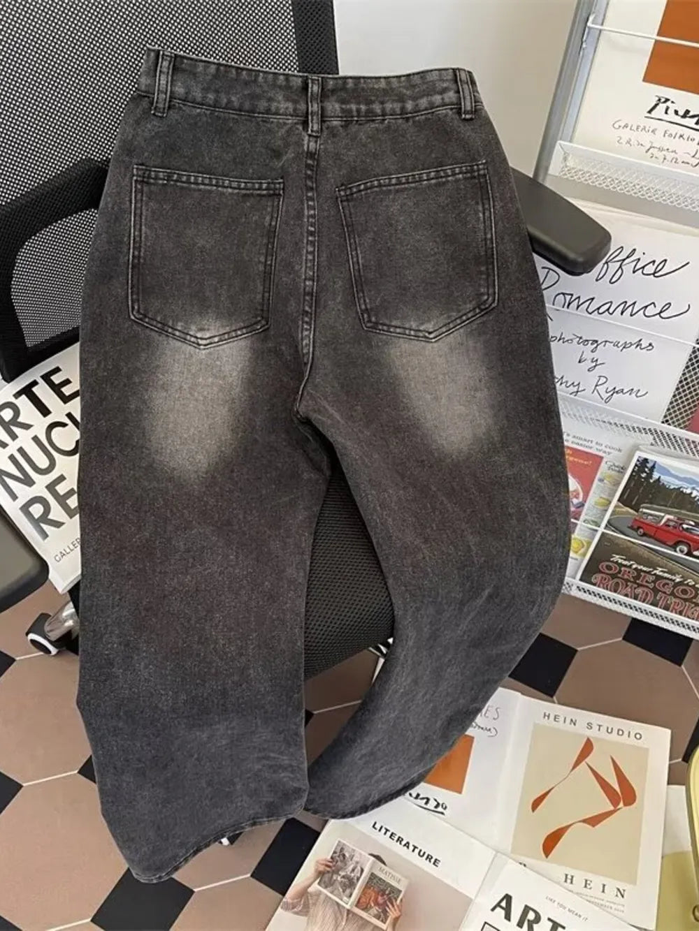 Classic plus size vintage wash jeans in black gray with a relaxed fit.