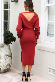Deep Red wrap-front midi knit dress with a belted waist and a deep V-back.