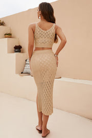 Tan textured knit crop top and midi skirt set with diamond pattern