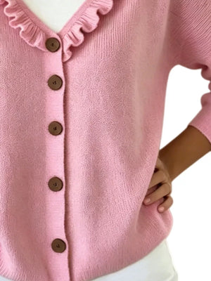 Ruffled Neckline Button-up Cardigan in White, fabric detail