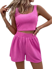 Hot Pink ribbed knit crop top and high-waist shorts set with elastic waistband.