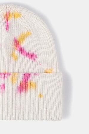 White ribbed knit beanie with pink and yellow dip-dye accents