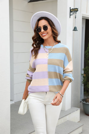 Pastel block stripe crewneck pullover sweater in acrylic with a crew neck and long sleeves.