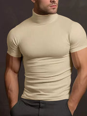 Men's Plus Size Short Sleeve Turtleneck T-shirt in Tan, front view