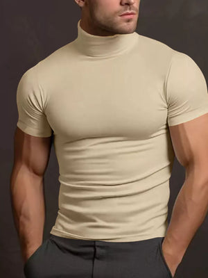 Men's Plus Size Short Sleeve Turtleneck T-shirt in Tan, front view