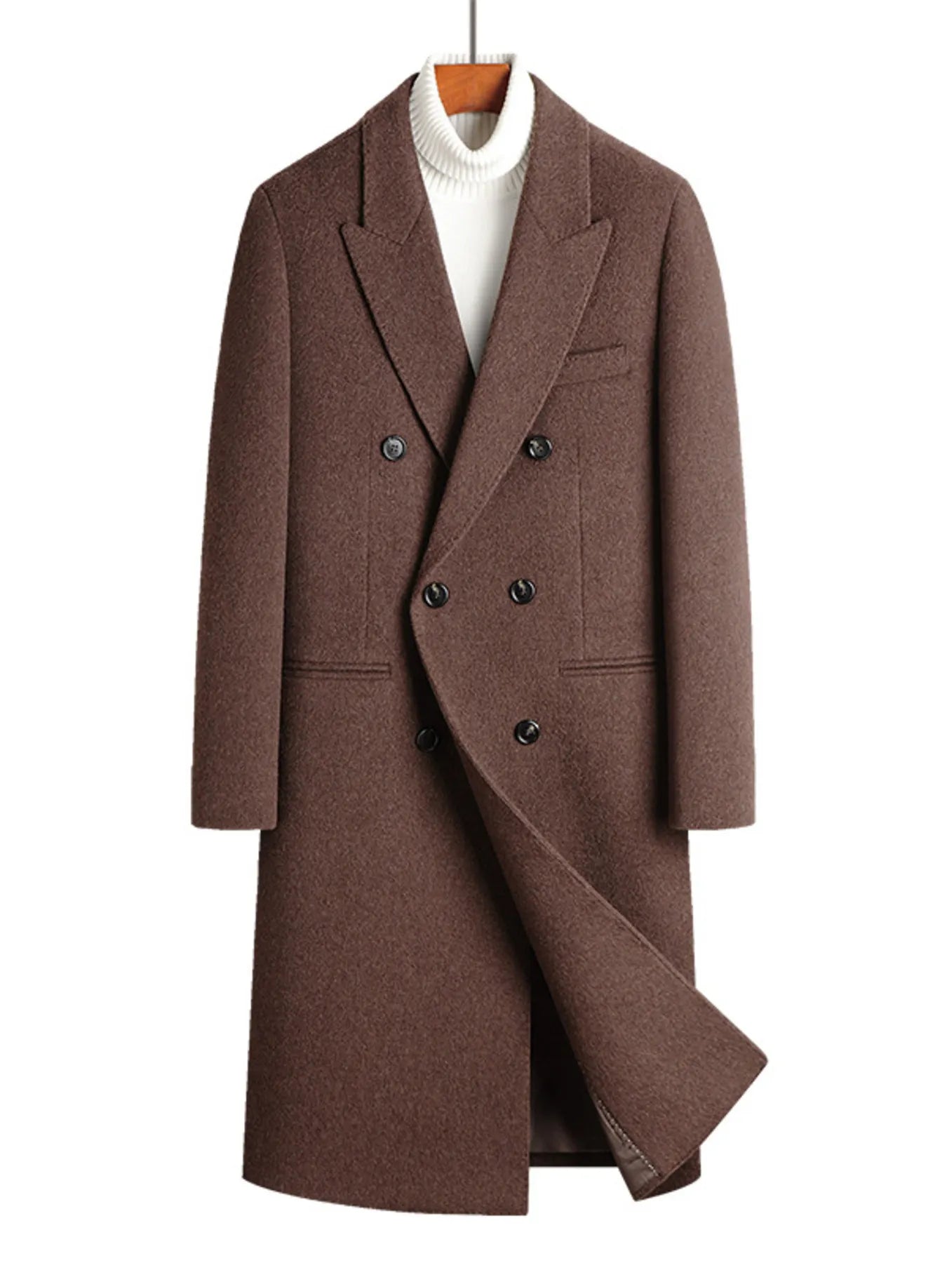 Camel wool blend double-breasted overcoat with notched lapels and button closure.