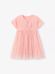 Pink baby tulle dress with fairy embroidery and gold glitter detail.