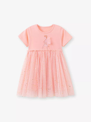 Pink baby tulle dress with fairy embroidery and gold glitter detail.