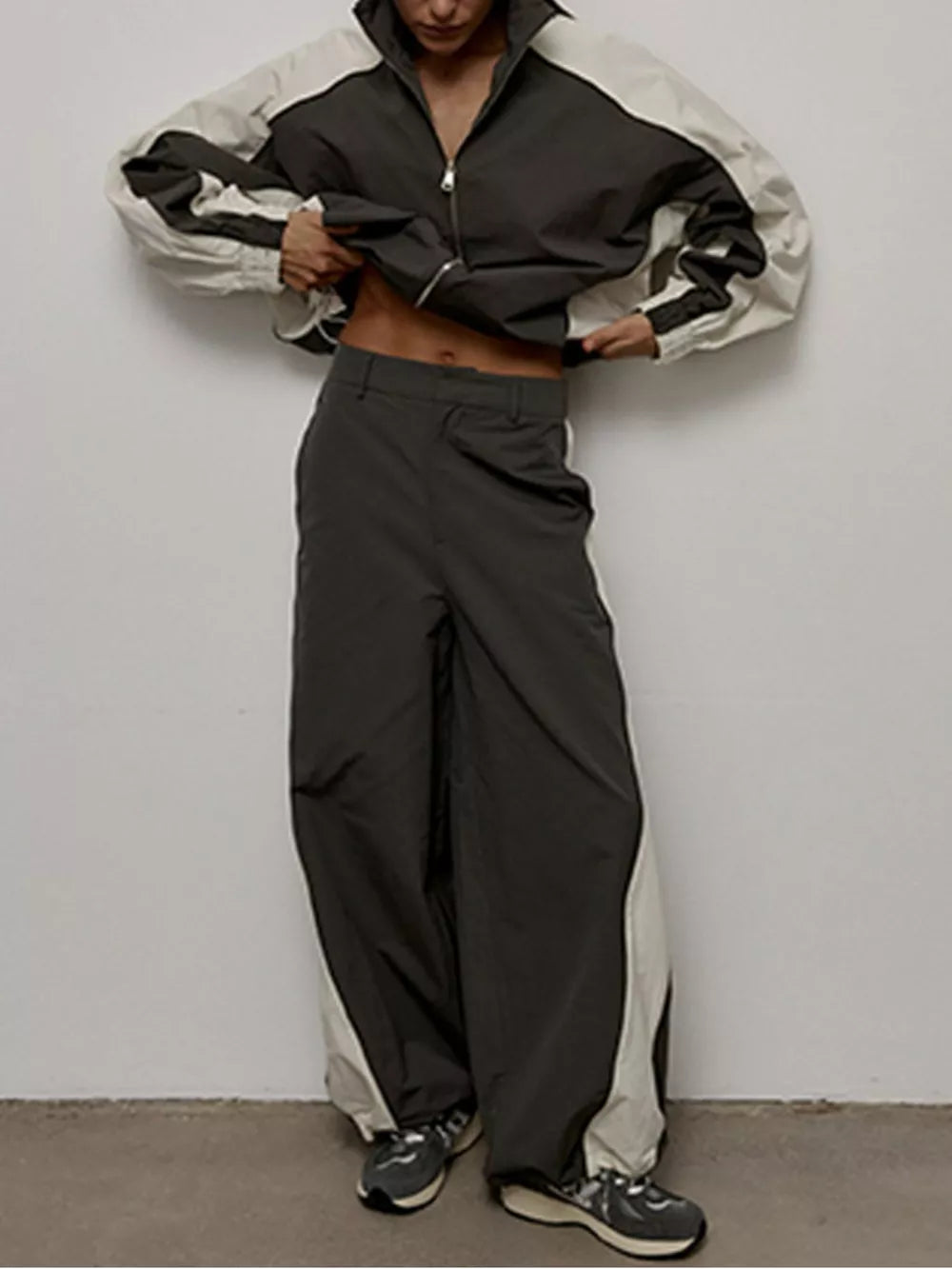 Color Block Zip Up Outerwear And Pants Set in Grey, view 13