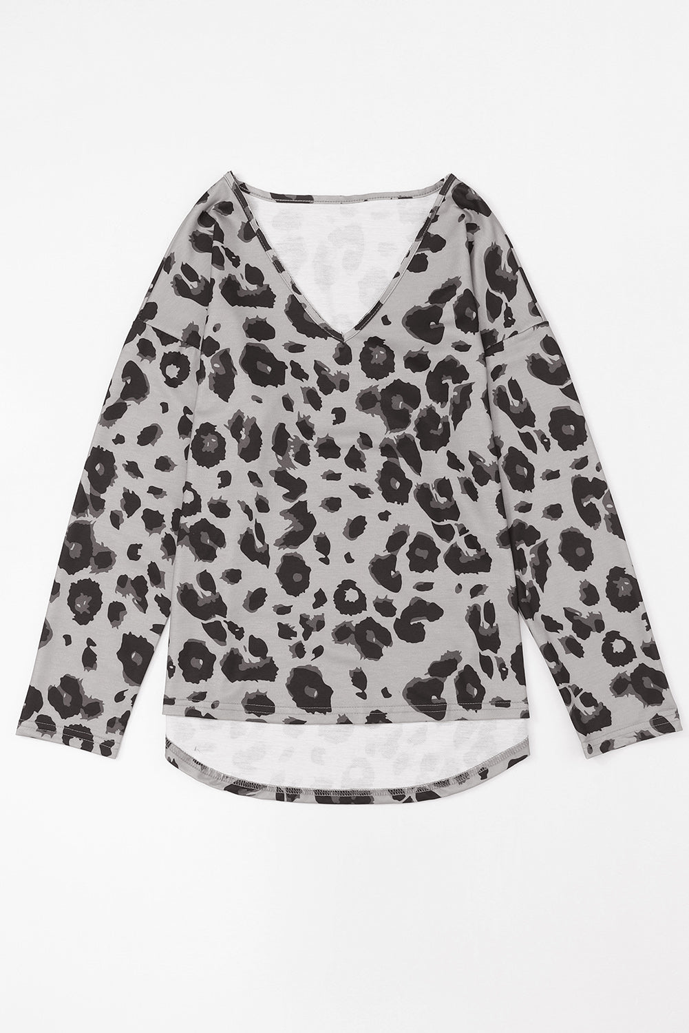 Relaxed fit leopard print v-neck top in dark gray with long sleeves.