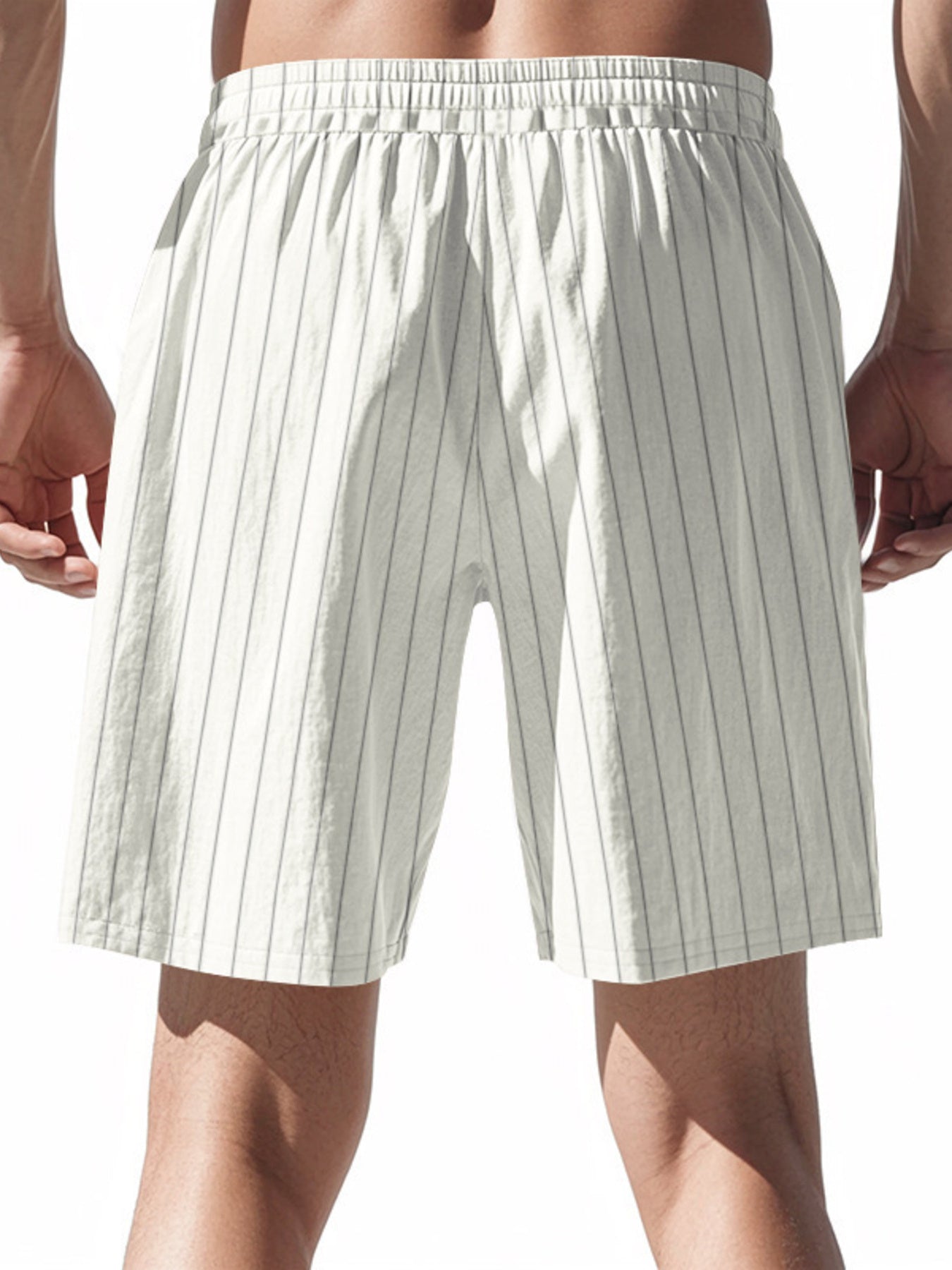 Men's gray and white striped chino shorts with drawstring waist and elastic band.