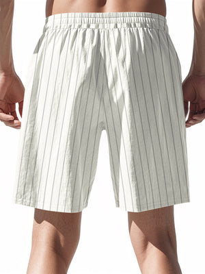 Men's gray and white striped chino shorts with drawstring waist and elastic band.
