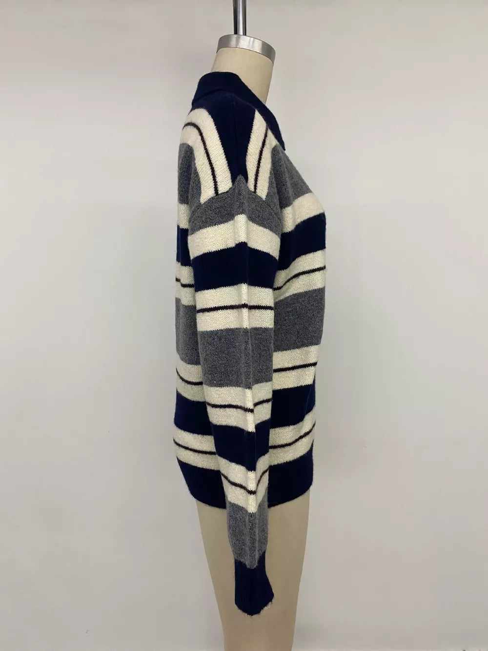 Striped Long Sleeve Button Detail Sweater in Dark Blue, view 11