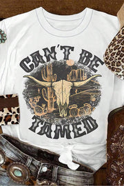 White cotton blend graphic tee with bull skull and cactus desert scene.