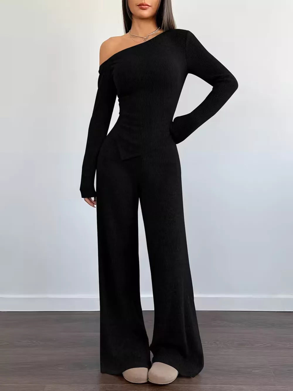 Chic One-shoulder Asymmetrical Top & Wide-leg Pants Set in Burgundy, front view