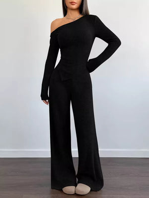 Chic One-shoulder Asymmetrical Top & Wide-leg Pants Set in Burgundy, front view