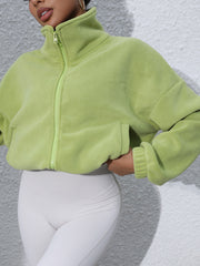 Cozy Fleece Cropped Funnel Neck Jacket in Coffee Brown, casual cape style.