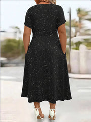 Full Size Glitter Flutter Sleeve Midi Dress Plus Size in Silver Gray, fit detail