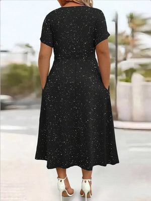 Full Size Glitter Flutter Sleeve Midi Dress Plus Size in Silver Gray, fit detail