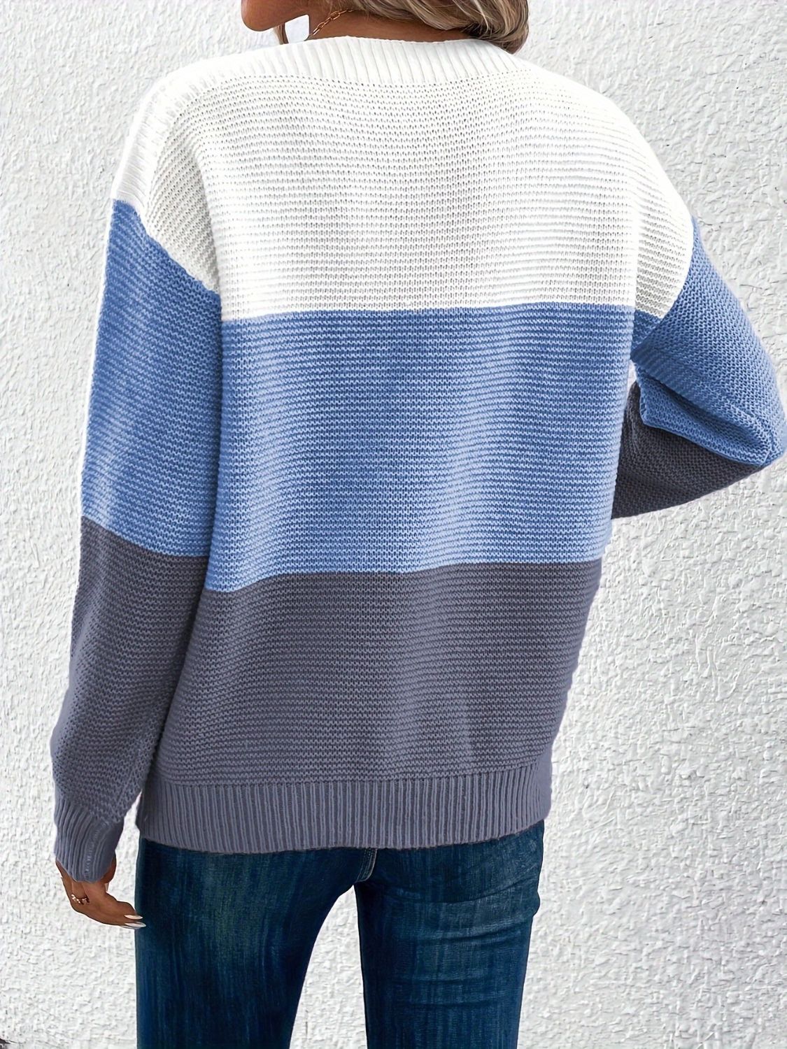Colorblock ribbed knit sweater with boatneck in white, light blue, and dark gray.