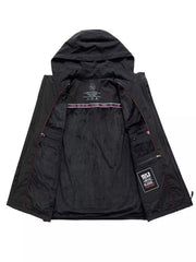 Black hooded zip vest with fleece lining and multiple interior pockets.
