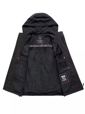 Black hooded zip vest with fleece lining and multiple interior pockets.