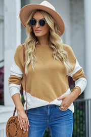Chroma Chic Roundneck Knit sweater in tan with white block detail and textured yoke.