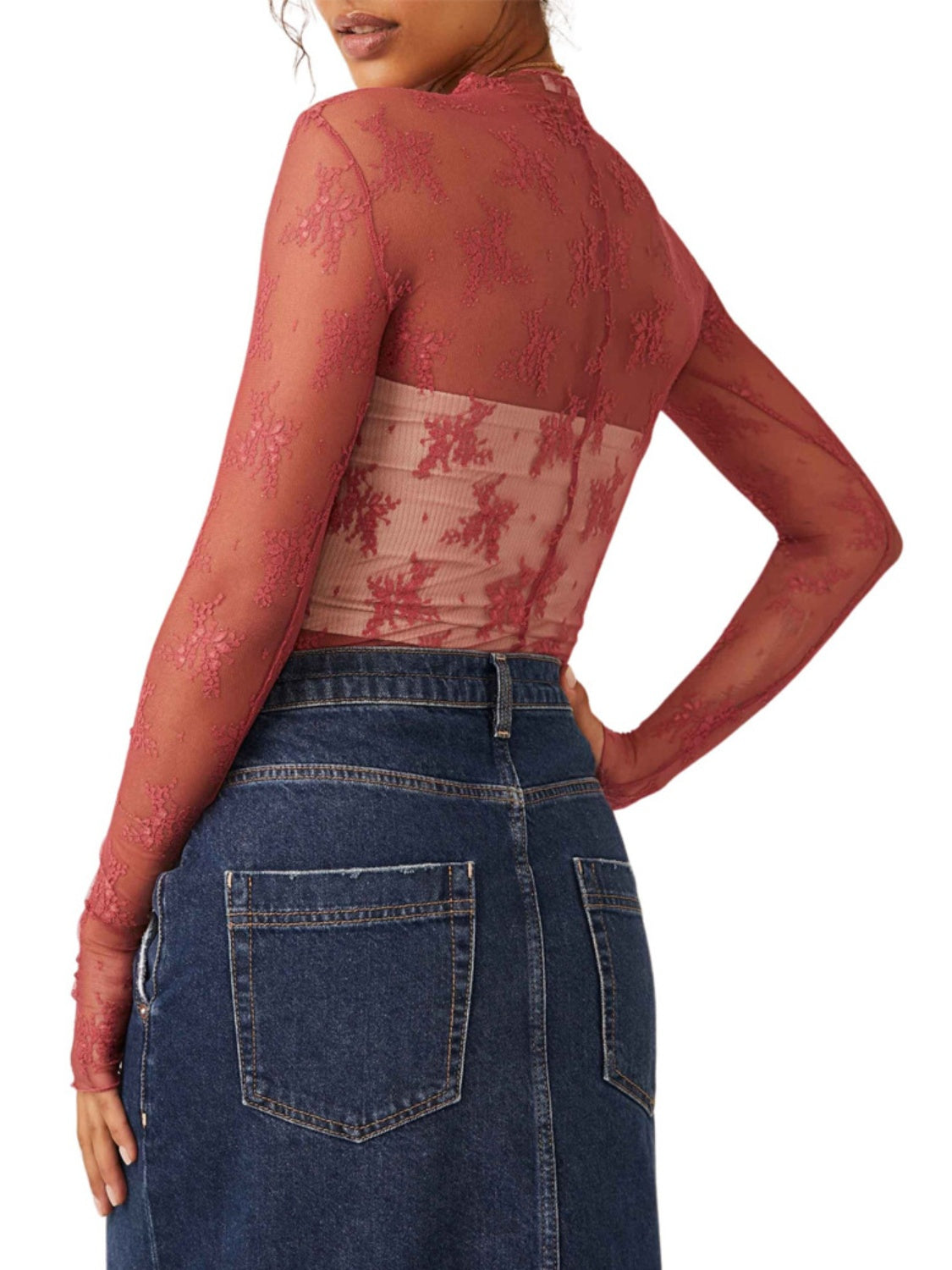 Burgundy lace illusion mock neck top with long sleeves and a ribbed inset detail.