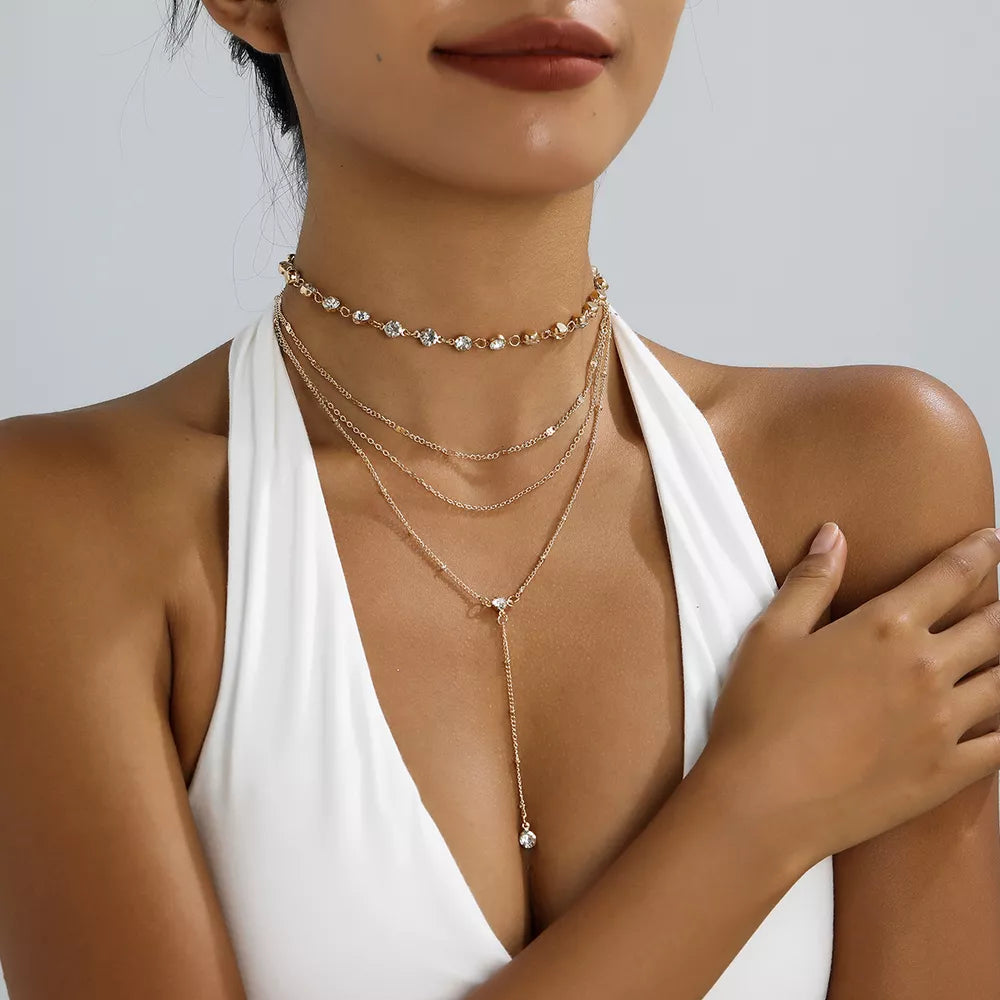 Multi-layered Rhinestone 18k Gold-plated Choker Necklace in Gold, close-up detail