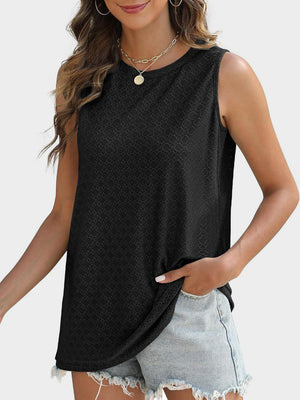 Black textured sleeveless shell top with a crew neck