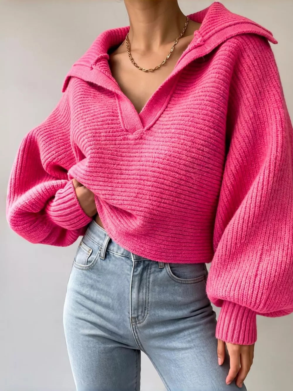 Oversized Collar Ribbed Cropped Sweater in Gray, back view