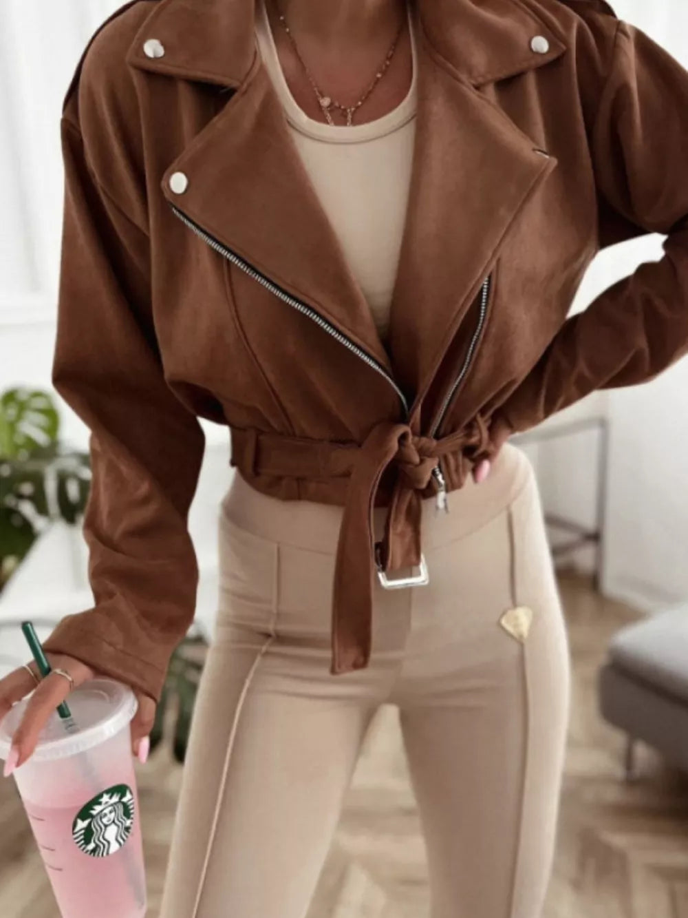 Cropped Biker Jacket With Belt Detail in Black, view 16