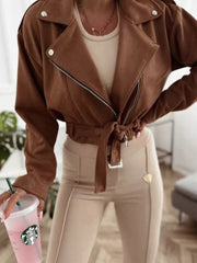 Cropped Biker Jacket With Belt Detail in Black, view 16