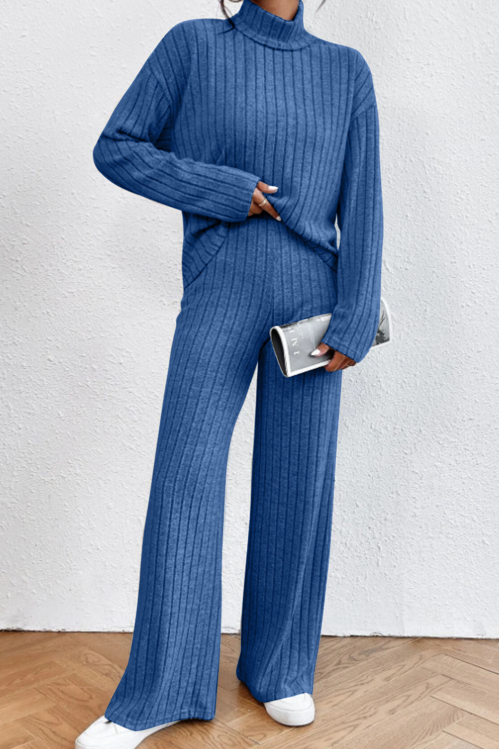 Ribbed knit turtleneck lounge set in sky blue with wide leg pants and long sleeves.