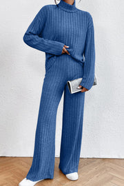 Ribbed knit turtleneck lounge set in sky blue with wide leg pants and long sleeves.