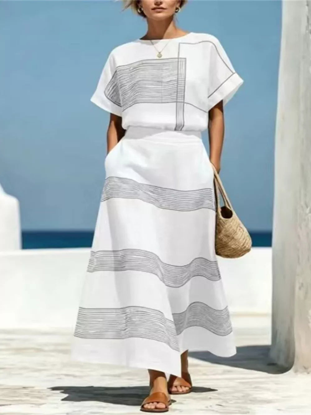 Full Size Striped Round Neck Top And Skirt Set, fit detail