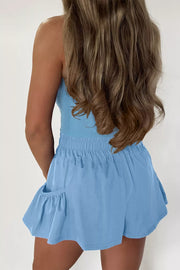 Blue ribbed crop top and pocketed shorts set with elastic waistband