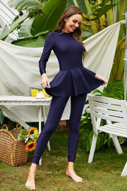 Dark Blue long sleeve swimsuit with flounce hem and full length leggings