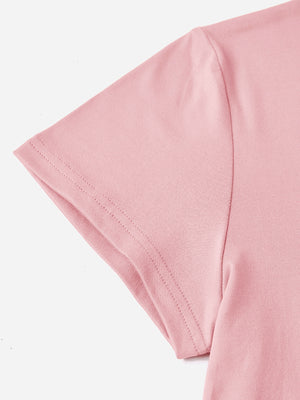Blush pink t-shirt with short sleeves and double-stitched hem detail.