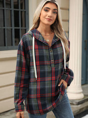 Plaid Henley hooded shirt with button detail and white drawstrings.