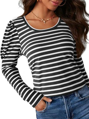 Black and white striped tee with puff sleeves and a scoop neck.
