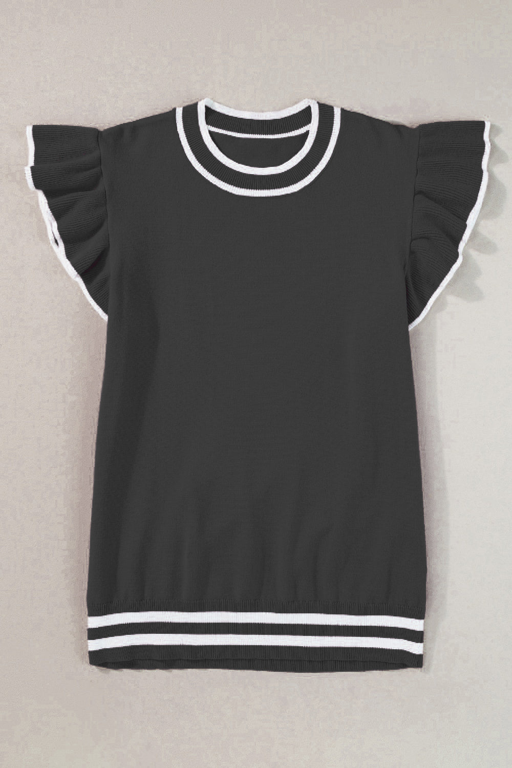 Black knit top with ruffled sleeves, contrast trim neckline and hem