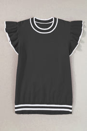 Black knit top with ruffled sleeves, contrast trim neckline and hem