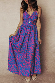 Maxi dress with floral print, cutout detail, and tie-front bodice.
