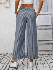 Navy blue and white striped wide leg pants with pockets and cuffed hems.