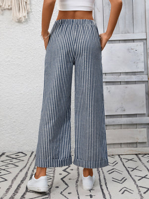 Navy blue and white striped wide leg pants with pockets and cuffed hems.