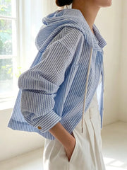 Striped Hooded Shirt With Drawstring, model styling view