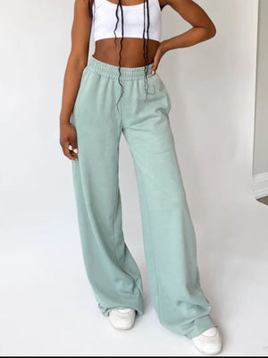 Light Green wide-leg lounge pants with elastic waistband and drawstring detail.