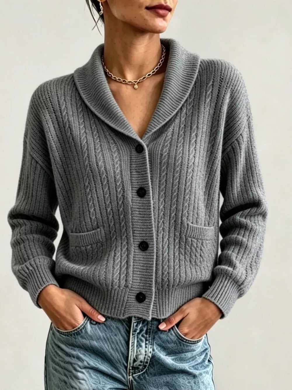 Full Size Shawl Collar Cable Knit Cardigan in White, back view