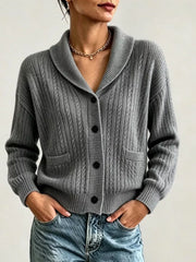 Full Size Shawl Collar Cable Knit Cardigan in White, back view